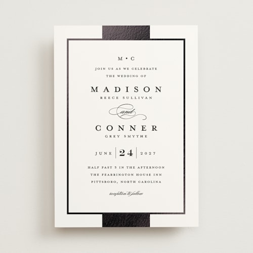 This is a cotton foil stamped wedding invitations with foil pressed by Stacey Meacham called refined style printing on signature in standard