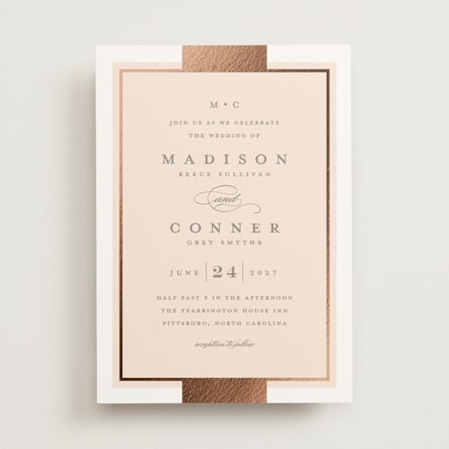 This is a blush foil stamped wedding invitations with foil pressed by Stacey Meacham called refined style printing on signature in standard