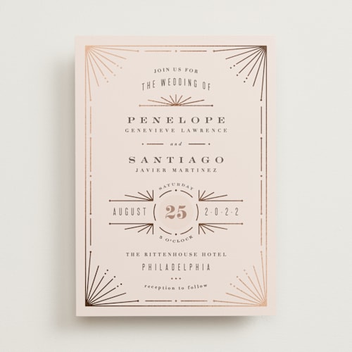 This is a blush foil stamped wedding invitations with foil pressed by Hooray Creative called art deco border printing on signature in standard
