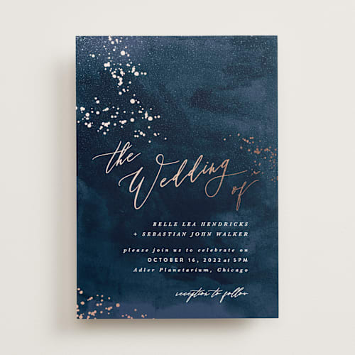 This is a midnight foil stamped wedding invitations with foil pressed by Hooray Creative called cosmos printing on signature in standard