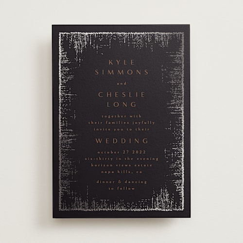 This is a noir foil stamped wedding invitations with foil pressed by Phrosné Barwood called dazzling printing on signature in standard