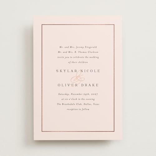 This is a blush foil stamped wedding invitations with foil pressed by Jessica Williams called bianca printing on signature in standard