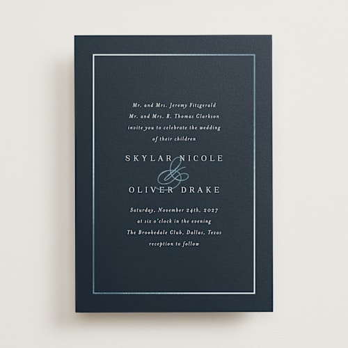 This is a navy foil stamped wedding invitations with foil pressed by Jessica Williams called bianca printing on signature in standard