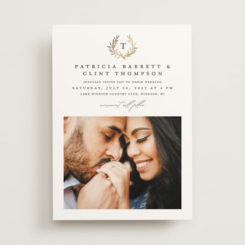 This is a cotton foil stamped wedding invitations with foil pressed by Stacey Meacham called laurel monogram printing on signature in standard