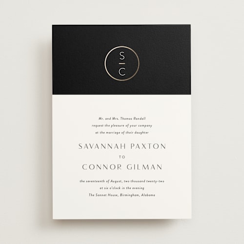 This is a licorice foil stamped wedding invitations with foil pressed by Jessica Williams called new monogram printing on signature in standard