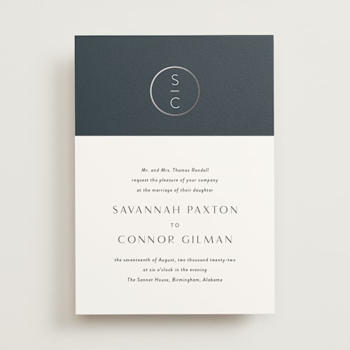 This is a shadow foil stamped wedding invitations with foil pressed by Jessica Williams called new monogram printing on signature in standard