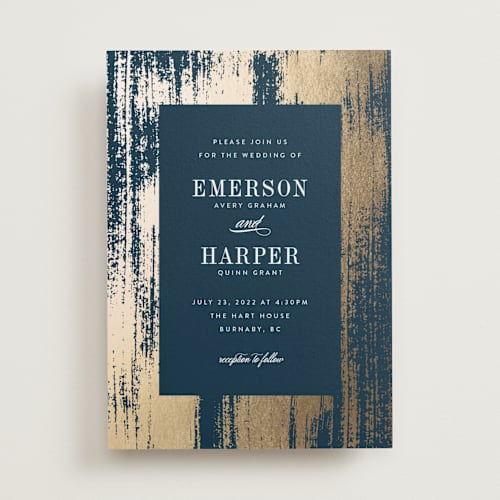 This is a indigo foil stamped wedding invitations with foil pressed by Kelly Schmidt called gold leaf printing on signature in standard