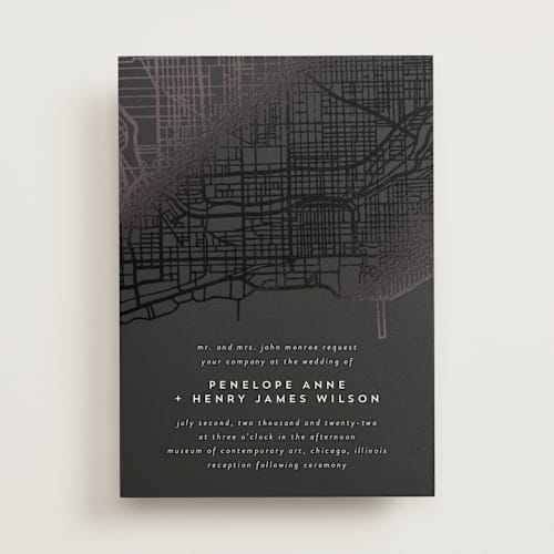 This is a onyx foil stamped wedding invitations with foil pressed by Erin Deegan called chicago printing on signature in standard