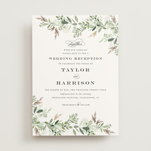 This is a greenery foil stamped wedding invitations with foil pressed by Jennifer Postorino called trailing vine printing on signature in standard