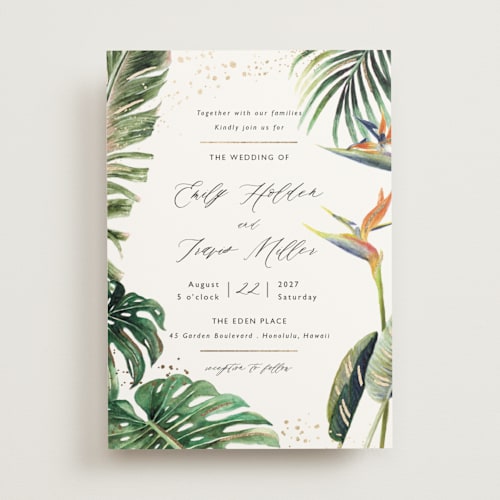 This is a tropical foil stamped wedding invitations with foil pressed by Elly called our paradise printing on signature in standard
