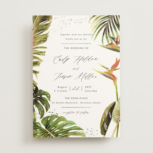 This is a kiwi foil stamped wedding invitations with foil pressed by Elly called our paradise printing on signature in standard