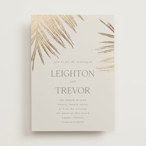 This is a sand foil stamped wedding invitations with foil pressed by Melinda Denison called gilded palm printing on signature in standard