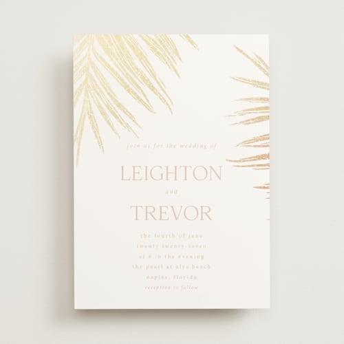This is a sunset foil stamped wedding invitations with foil pressed by Melinda Denison called gilded palm printing on signature in standard