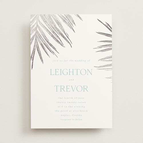 This is a seafoam foil stamped wedding invitations with foil pressed by Melinda Denison called gilded palm printing on signature in standard