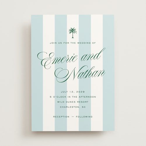 This is a low tide wedding invitations with standard by Susan Zinader called island palm printing on signature in standard
