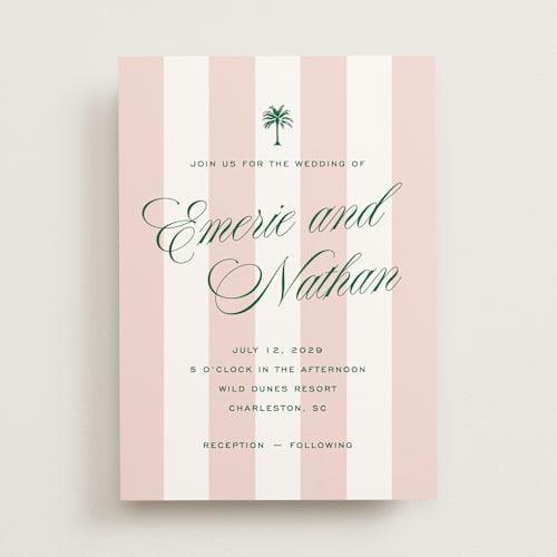 This is a taffy wedding invitations with standard by Susan Zinader called island palm printing on signature in standard