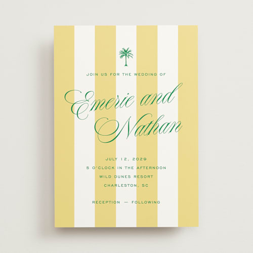 This is a limoncello wedding invitations with standard by Susan Zinader called island palm printing on signature in standard