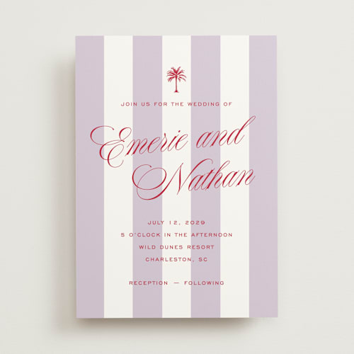 This is a macaroon wedding invitations with standard by Susan Zinader called island palm printing on signature in standard