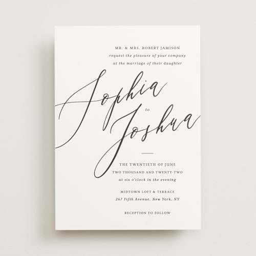 This is a snow wedding invitations with standard by Griffinbell Paper Co. called crescendo printing on signature in standard