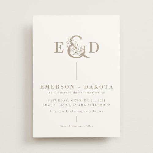 This is a toffee wedding invitations with standard by Amanda Day called floral ampersand monogram printing on signature in standard
