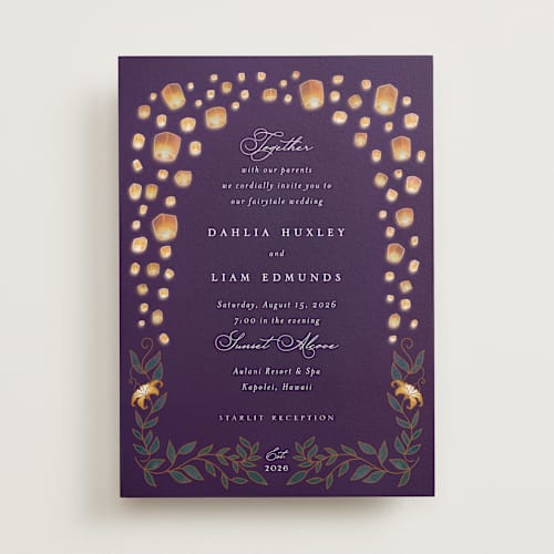 This is a twilight wedding invitations with standard by Simona Camp called disney's tangled lanterns printing on signature in standard