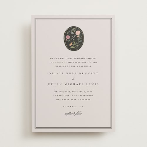 This is a stone wedding invitations with standard by Lori Wemple called botanical cameo printing on signature in standard