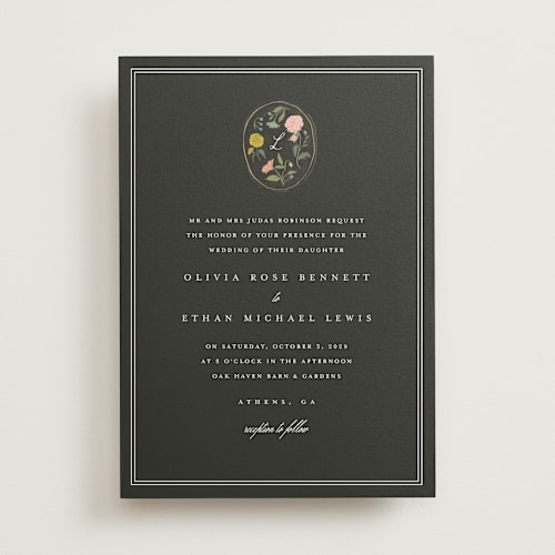 This is a ink wedding invitations with standard by Lori Wemple called botanical cameo printing on signature in standard