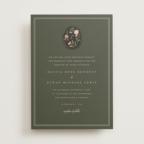 This is a moss wedding invitations with standard by Lori Wemple called botanical cameo printing on signature in standard