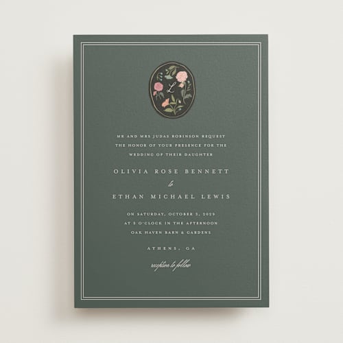 This is a winter night wedding invitations with standard by Lori Wemple called botanical cameo printing on signature in standard