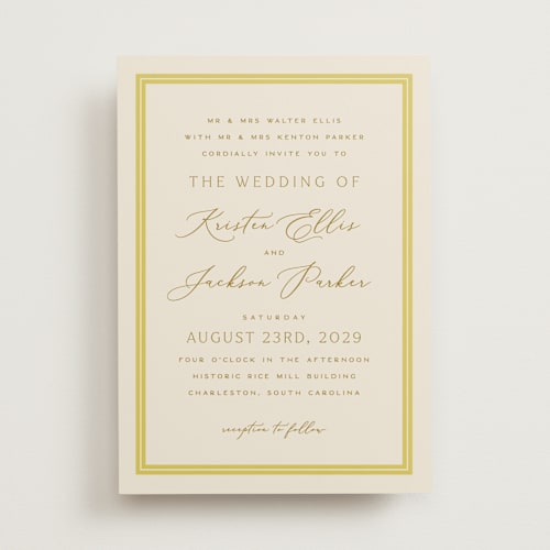 This is a limoncello wedding invitations with standard by Hooray Creative called twin border printing on signature in standard