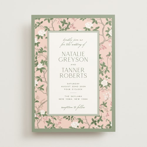 This is a peony wedding invitations with standard by Jenna Holcomb called chinoiserie printing on signature in standard