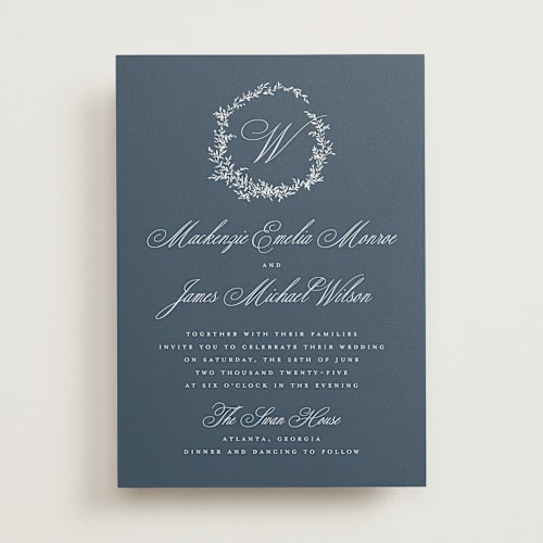 This is a navy wedding invitations with standard by Wildfield Paper Co called romantic wreath printing on signature in standard