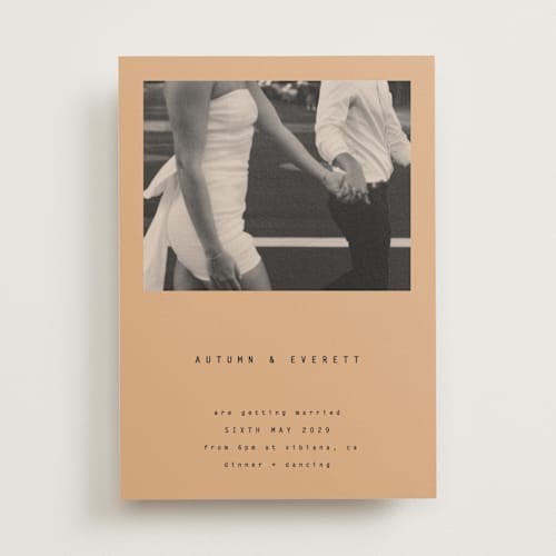 This is a peach wedding invitations with standard by Blustery August called nonnette printing on signature in standard