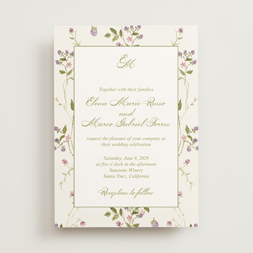 This is a cream wedding invitations with standard by Nicole Dragomir called wild berry watercolor printing on signature in standard