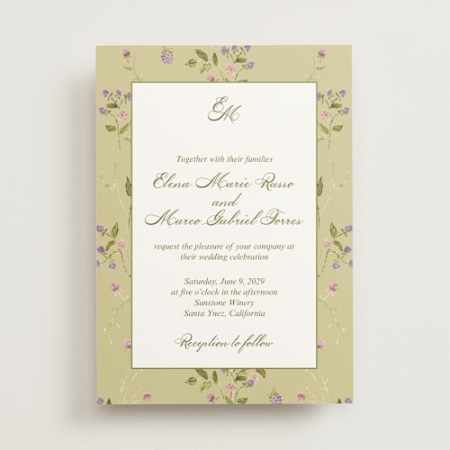 This is a olive wedding invitations with standard by Nicole Dragomir called wild berry watercolor printing on signature in standard