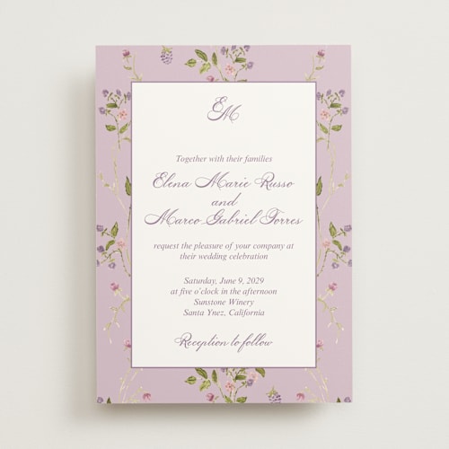 This is a lilac wedding invitations with standard by Nicole Dragomir called wild berry watercolor printing on signature in standard