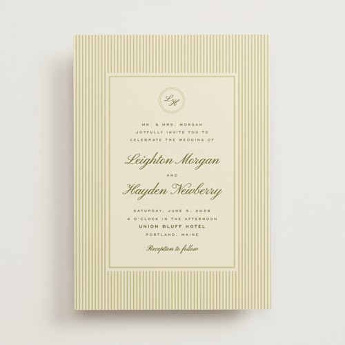 This is a olive wedding invitations with standard by Ellen Schlegelmilch called hayden printing on signature in standard