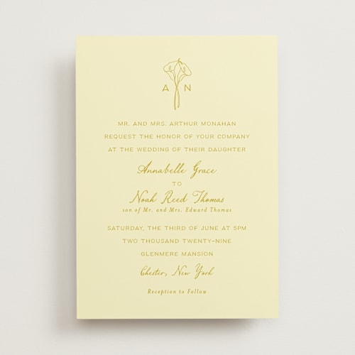 This is a butter wedding invitations with standard by Leah Bisch called pair of calla lilies printing on signature in standard
