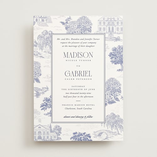 This is a periwinkle wedding invitations with standard by Jenna Holcomb called southern charm toile printing on signature in standard