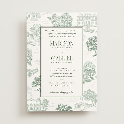 This is a ivy wedding invitations with standard by Jenna Holcomb called southern charm toile printing on signature in standard