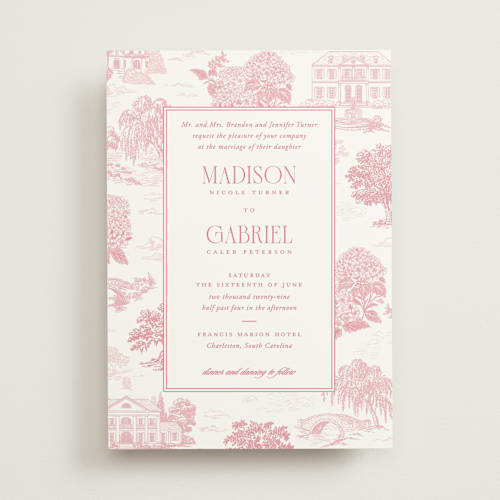 This is a peony wedding invitations with standard by Jenna Holcomb called southern charm toile printing on signature in standard