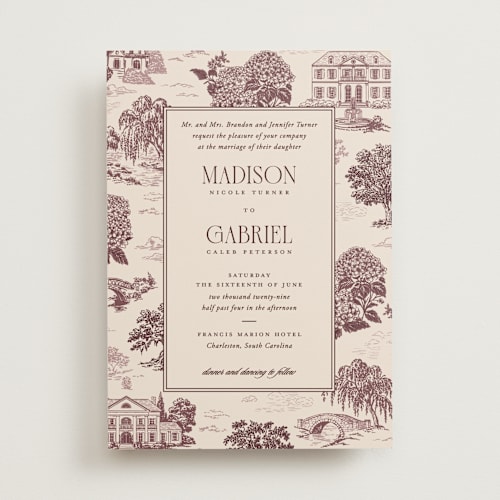 This is a mulberry wedding invitations with standard by Jenna Holcomb called southern charm toile printing on signature in standard