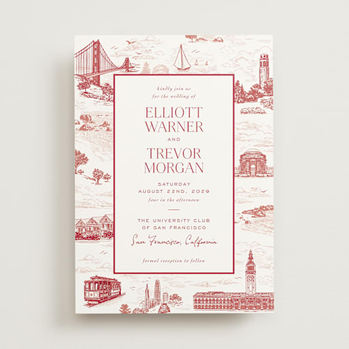 This is a scarlet wedding invitations with standard by Jenna Holcomb called san francisco toile printing on signature in standard