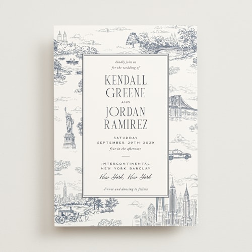 This is a navy wedding invitations with standard by Jenna Holcomb called new york toile printing on signature in standard