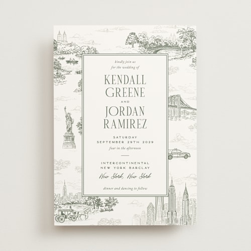 This is a sage wedding invitations with standard by Jenna Holcomb called new york toile printing on signature in standard