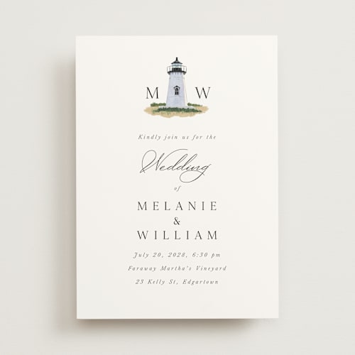 This is a snow wedding invitations with standard by Becky Nimoy called east coast lighthouse printing on signature in standard