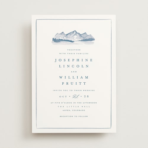 This is a blue bell wedding invitations with standard by Amy Kross called mountain ridge printing on signature in standard