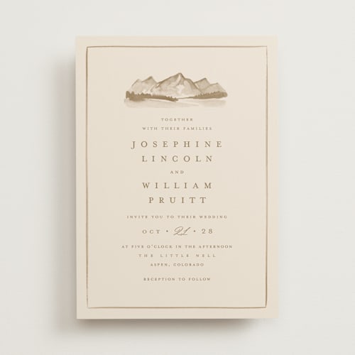 This is a champagne wedding invitations with standard by Amy Kross called mountain ridge printing on signature in standard