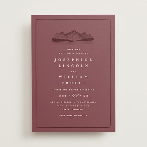 This is a merlot wedding invitations with standard by Amy Kross called mountain ridge printing on signature in standard