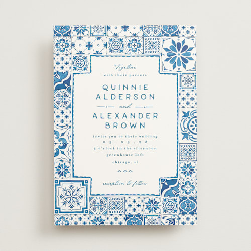 This is a navy wedding invitations with standard by Anastasia Makarova called watercolor tile printing on signature in standard